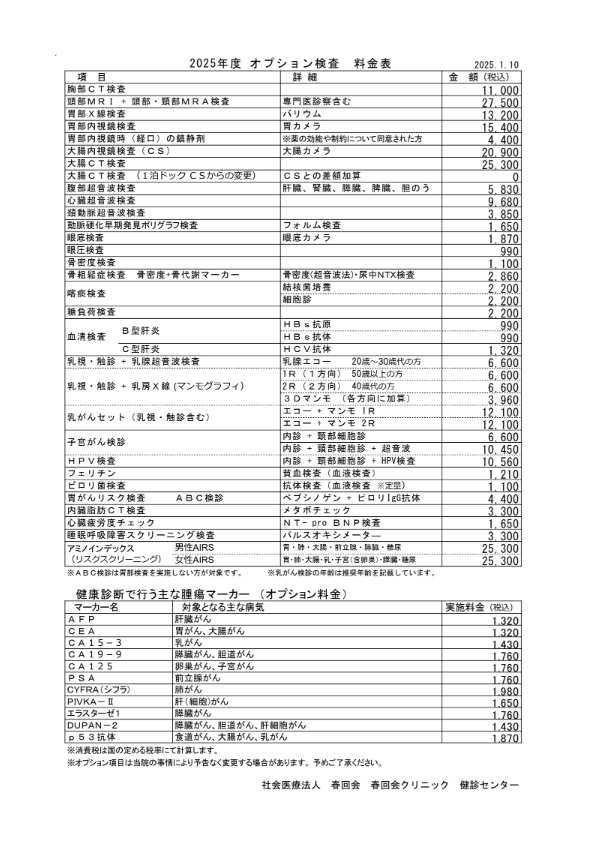 2025年度オプション料金表